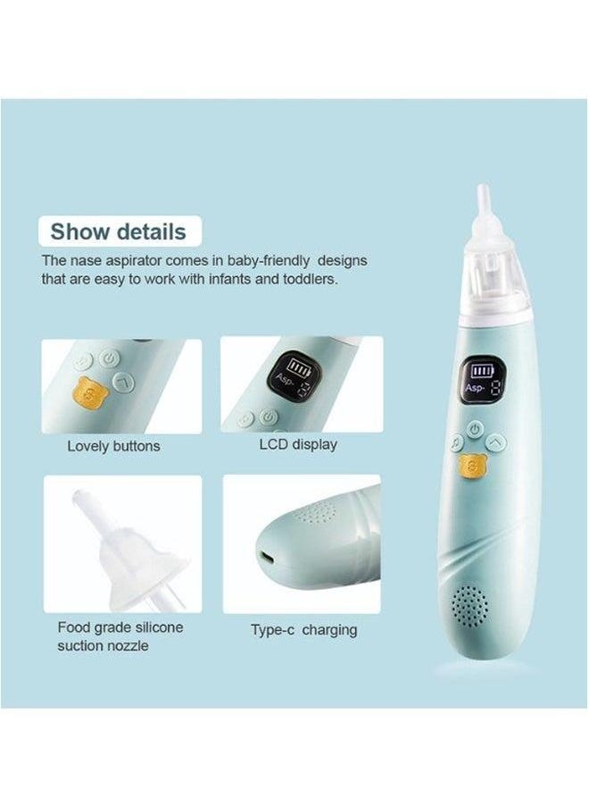 Electric Nasal Aspirator for Baby Safe/Quick/Hygienic Nose Sucker with Suction USB Rechargeable 3 Silicone Heads Cleaner Toddlers Music & Light Soothing Function（Sky Blue)