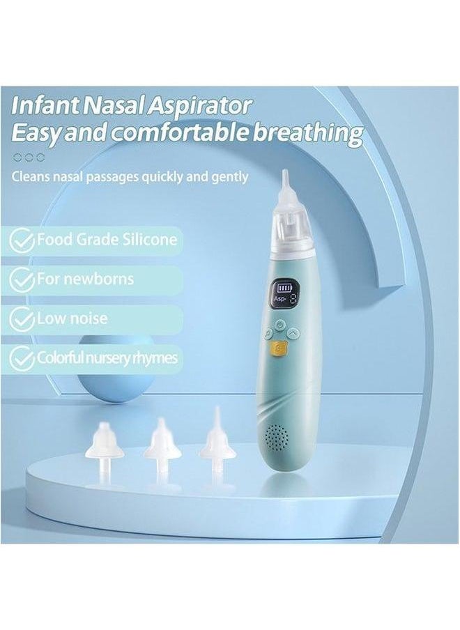 Electric Nasal Aspirator for Baby Safe/Quick/Hygienic Nose Sucker with Suction USB Rechargeable 3 Silicone Heads Cleaner Toddlers Music & Light Soothing Function（Sky Blue)