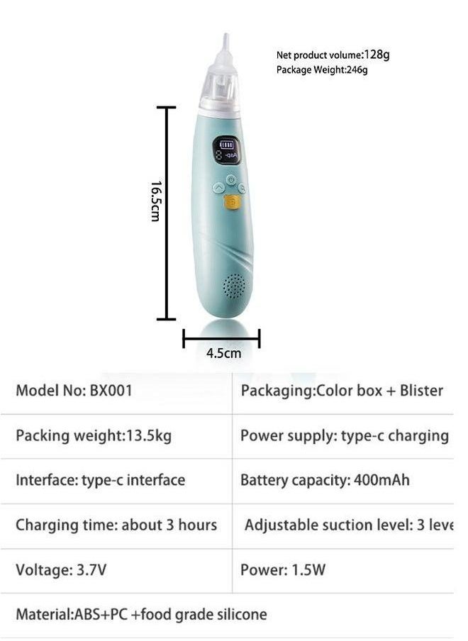 Electric Nasal Aspirator for Baby Safe/Quick/Hygienic Nose Sucker with Suction USB Rechargeable 3 Silicone Heads Cleaner Toddlers Music & Light Soothing Function（Sky Blue)
