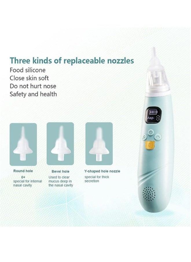Electric Nasal Aspirator for Baby Safe/Quick/Hygienic Nose Sucker with Suction USB Rechargeable 3 Silicone Heads Cleaner Toddlers Music & Light Soothing Function（Sky Blue)