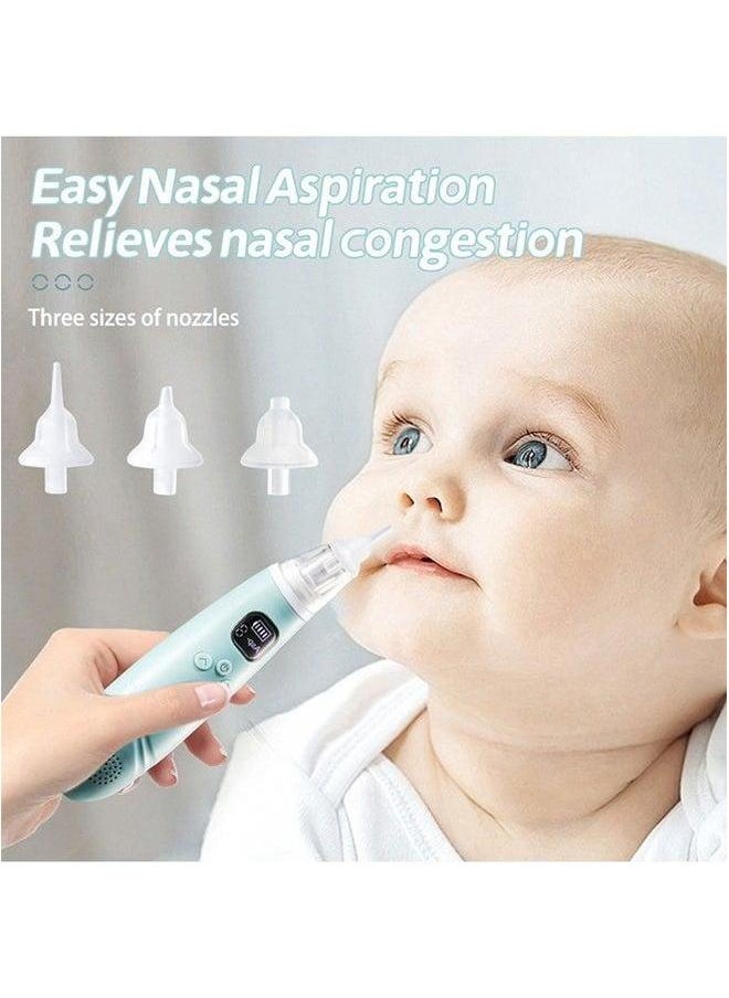 Electric Nasal Aspirator for Baby Safe/Quick/Hygienic Nose Sucker with Suction USB Rechargeable 3 Silicone Heads Cleaner Toddlers Music & Light Soothing Function（Sky Blue)