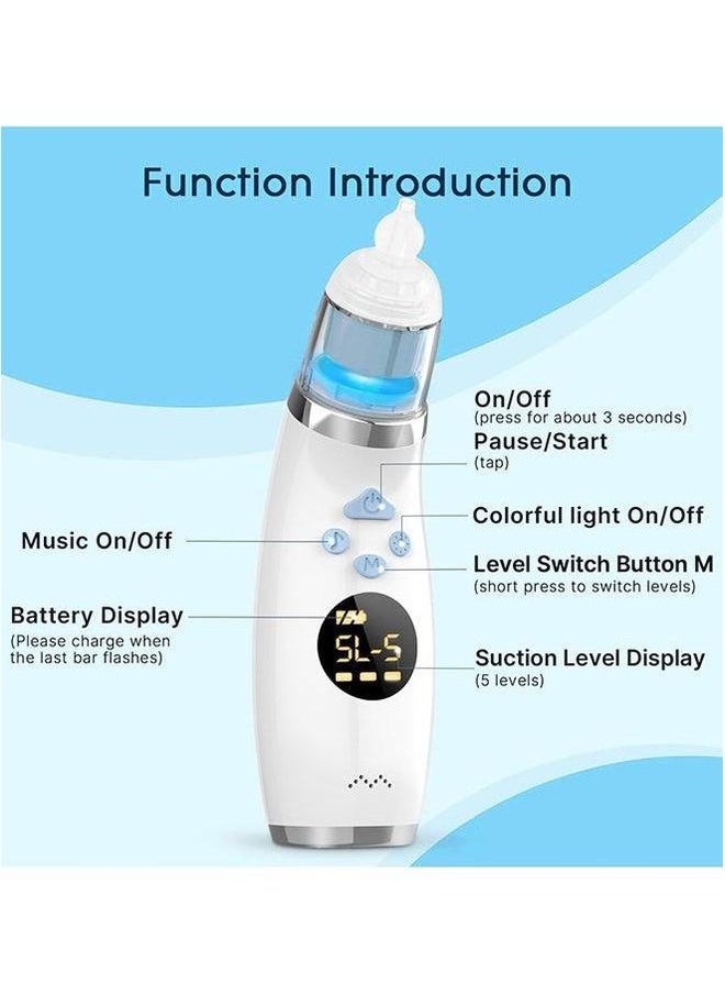Electric Nasal Aspirator with Music and Light, Waterproof Nose Suction 3 Silicone Tips for Baby, Rechargeable Cleaner Toddler 5 Levels