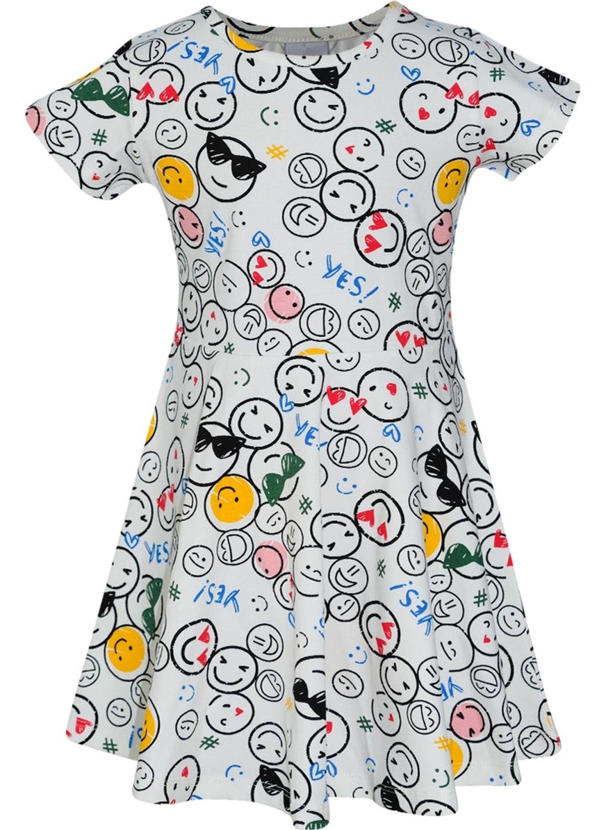 Cute Faces Girls Patterned Short Sleeve Dress