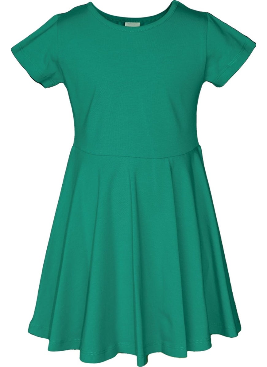 Dark Green Colored Basic Girl Short Sleeve Dress