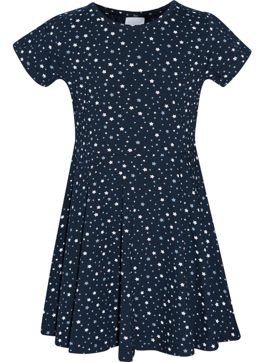 Dark Navy Blue Little Stars Girl's Patterned Short Sleeve Dress