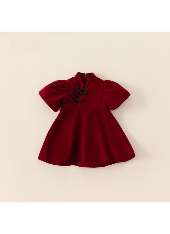 Yu Bao Children's Clothing Children's Skirt Girl's Puff Sleeve One-year-old Princess Dress Chinese Style Dress Qq23287
