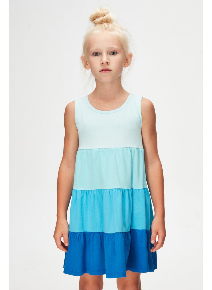 Soft Turquoise-Sax Girls Colorful Layered Gathered Strappy Dress
