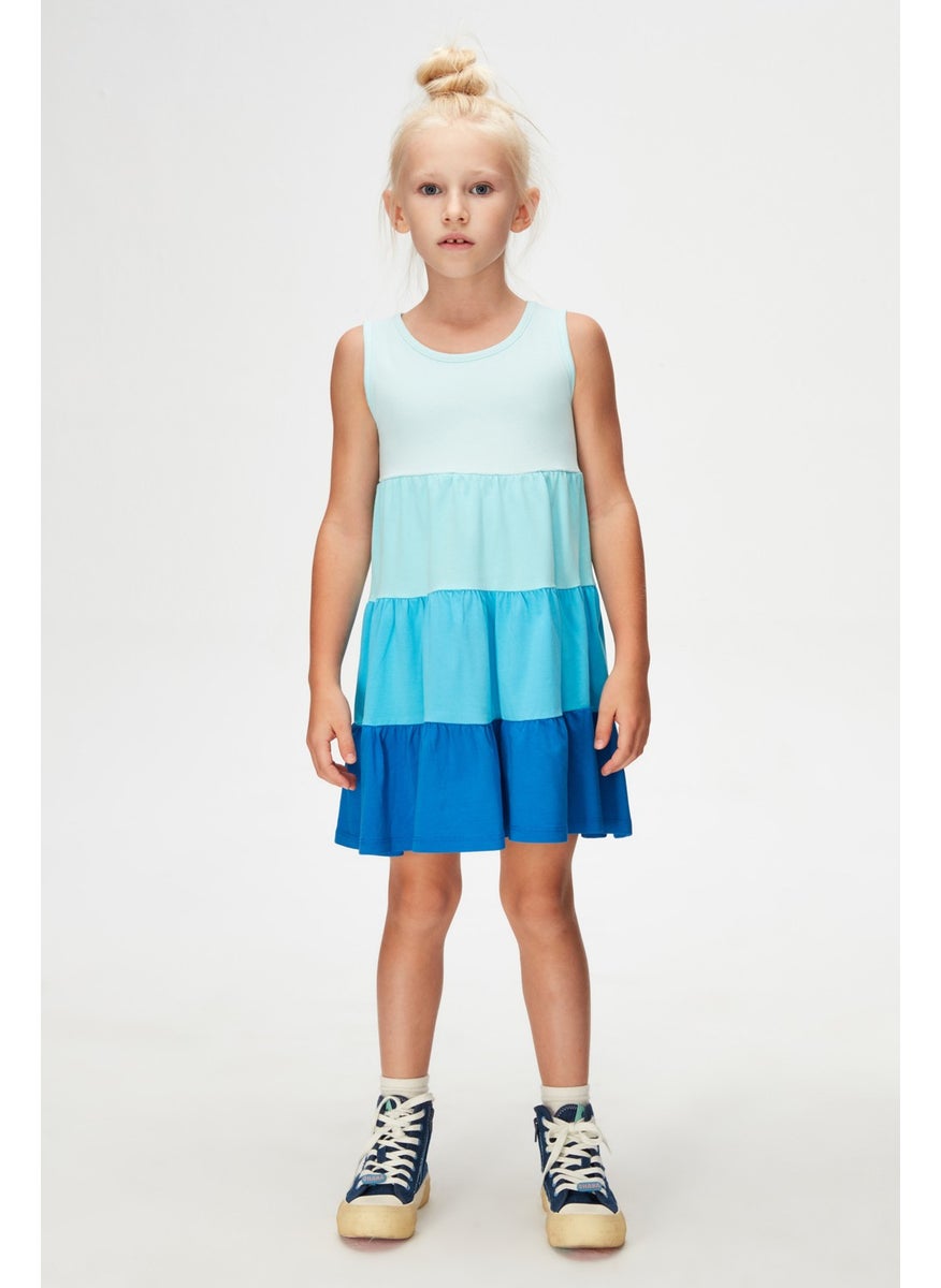 Soft Turquoise-Sax Girls Colorful Layered Gathered Strappy Dress