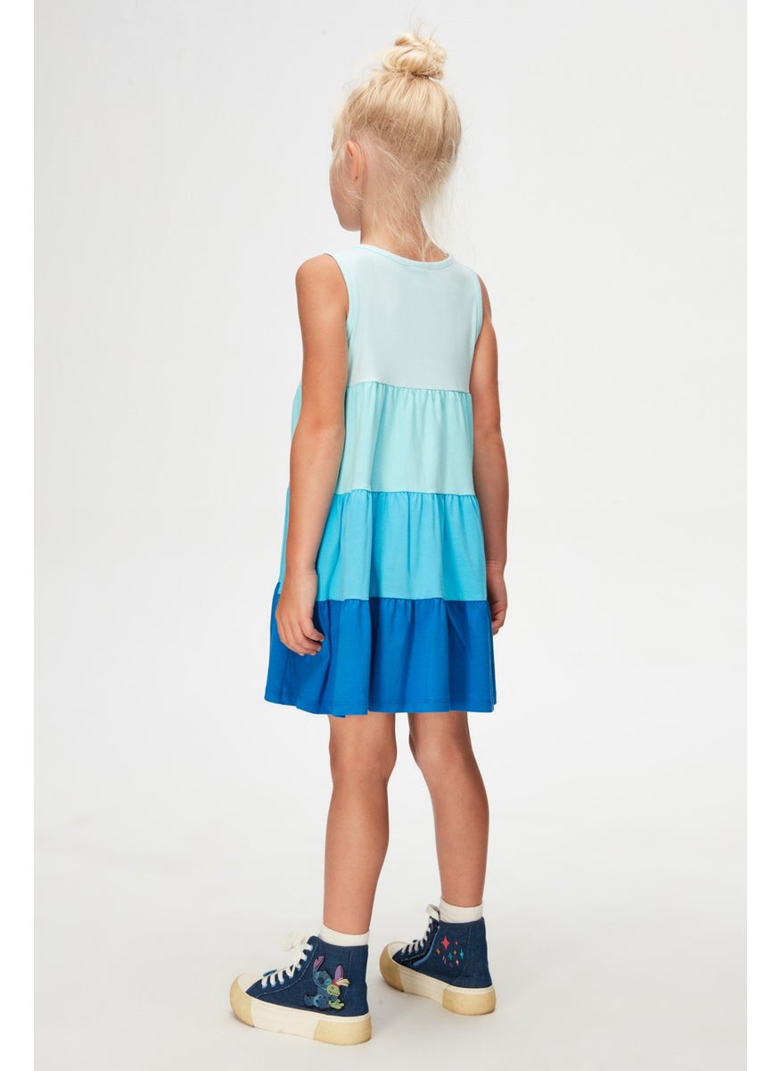 Soft Turquoise-Sax Girls Colorful Layered Gathered Strappy Dress
