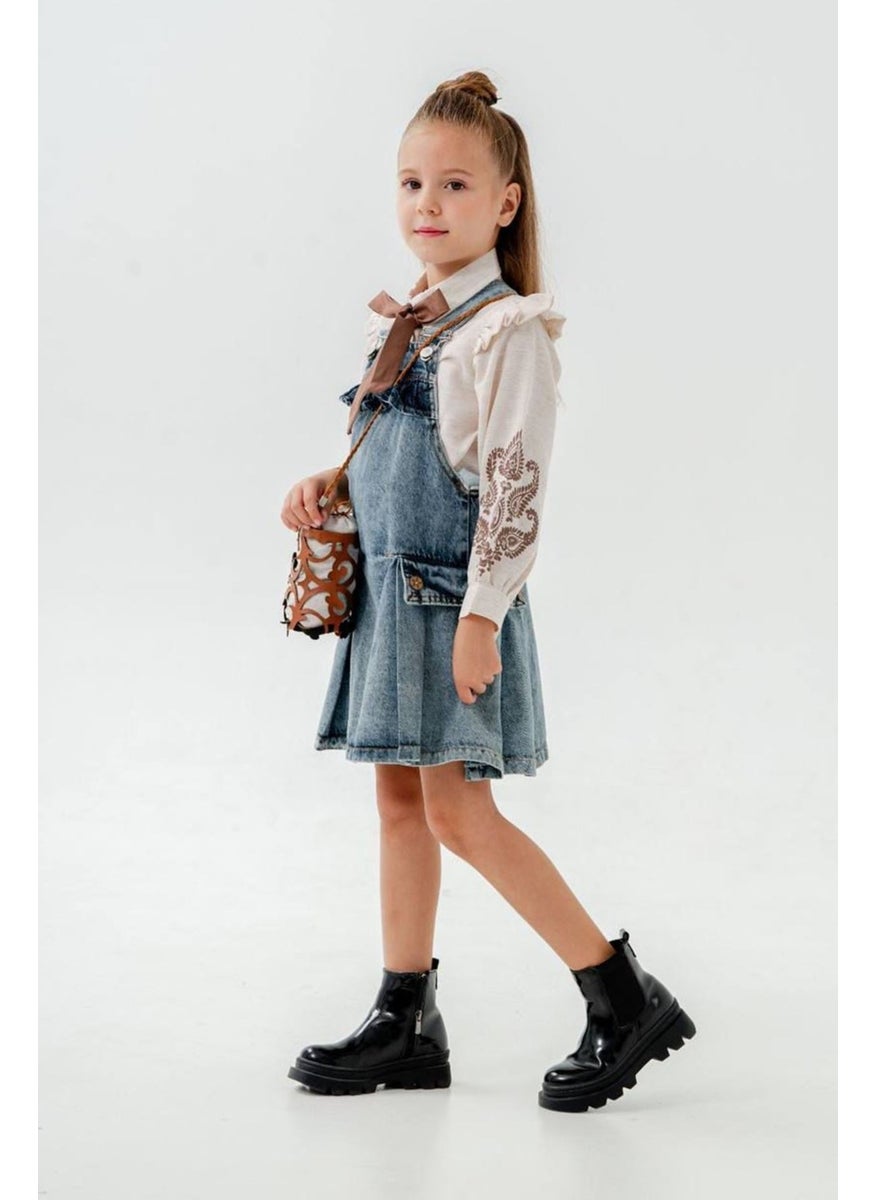 My Little One's Cicileri Sleeve Embroidery Detailed Denim Vest with Bag 3-Piece Set - Blue