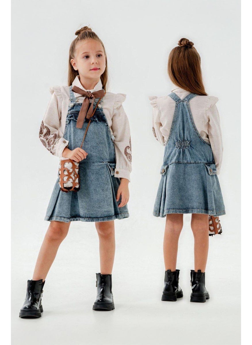 My Little One's Cicileri Sleeve Embroidery Detailed Denim Vest with Bag 3-Piece Set - Blue