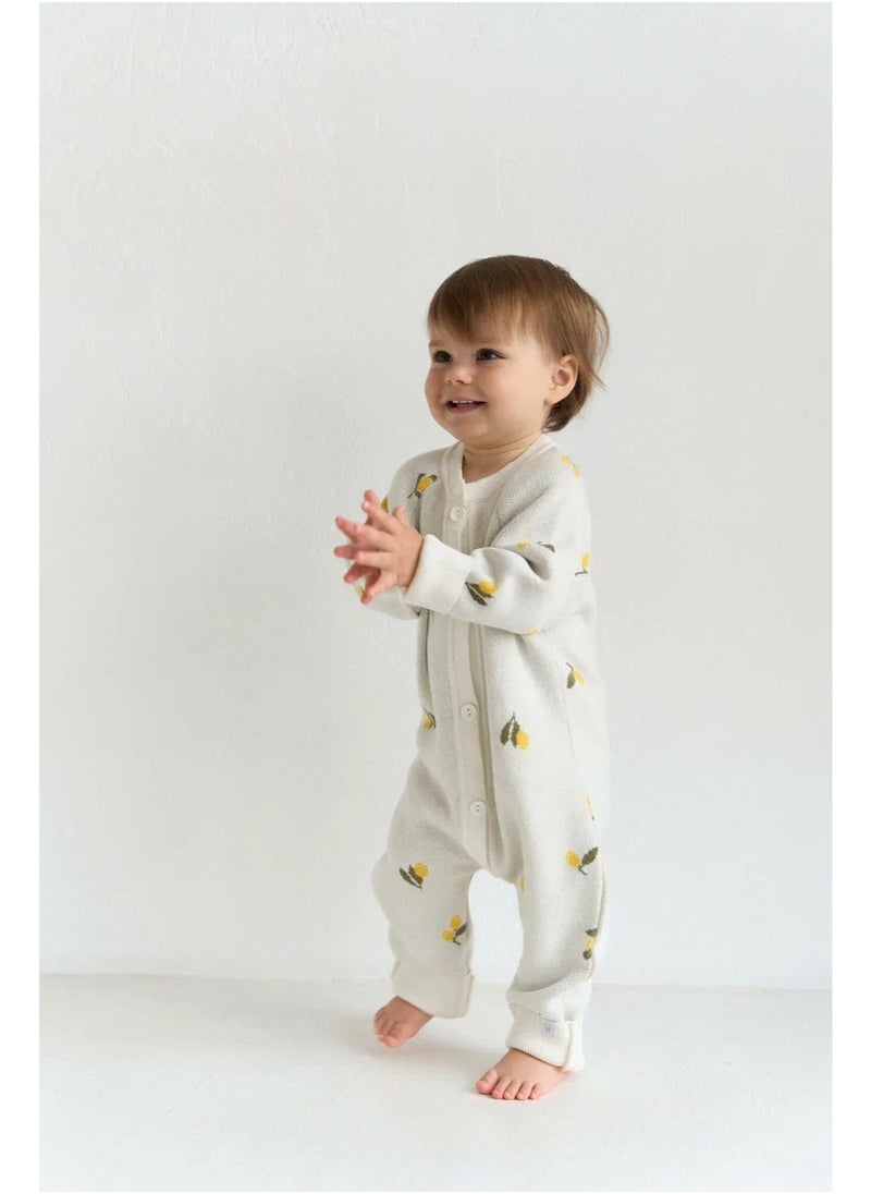 Cotton Knit Baby Romper 62–68 cm | Soft Year-Round Unisex Newborn Jumpsuit with Long Sleeves & Adjustable Cuffs – Lemons on Ecru