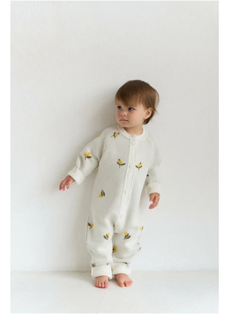 Cotton Knit Baby Romper 62–68 cm | Soft Year-Round Unisex Newborn Jumpsuit with Long Sleeves & Adjustable Cuffs – Lemons on Ecru