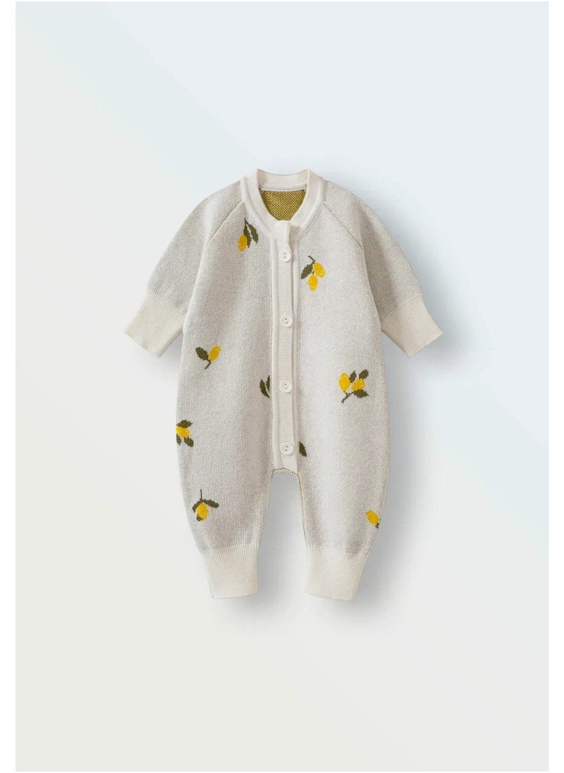 Cotton Knit Baby Romper 62–68 cm | Soft Year-Round Unisex Newborn Jumpsuit with Long Sleeves & Adjustable Cuffs – Lemons on Ecru
