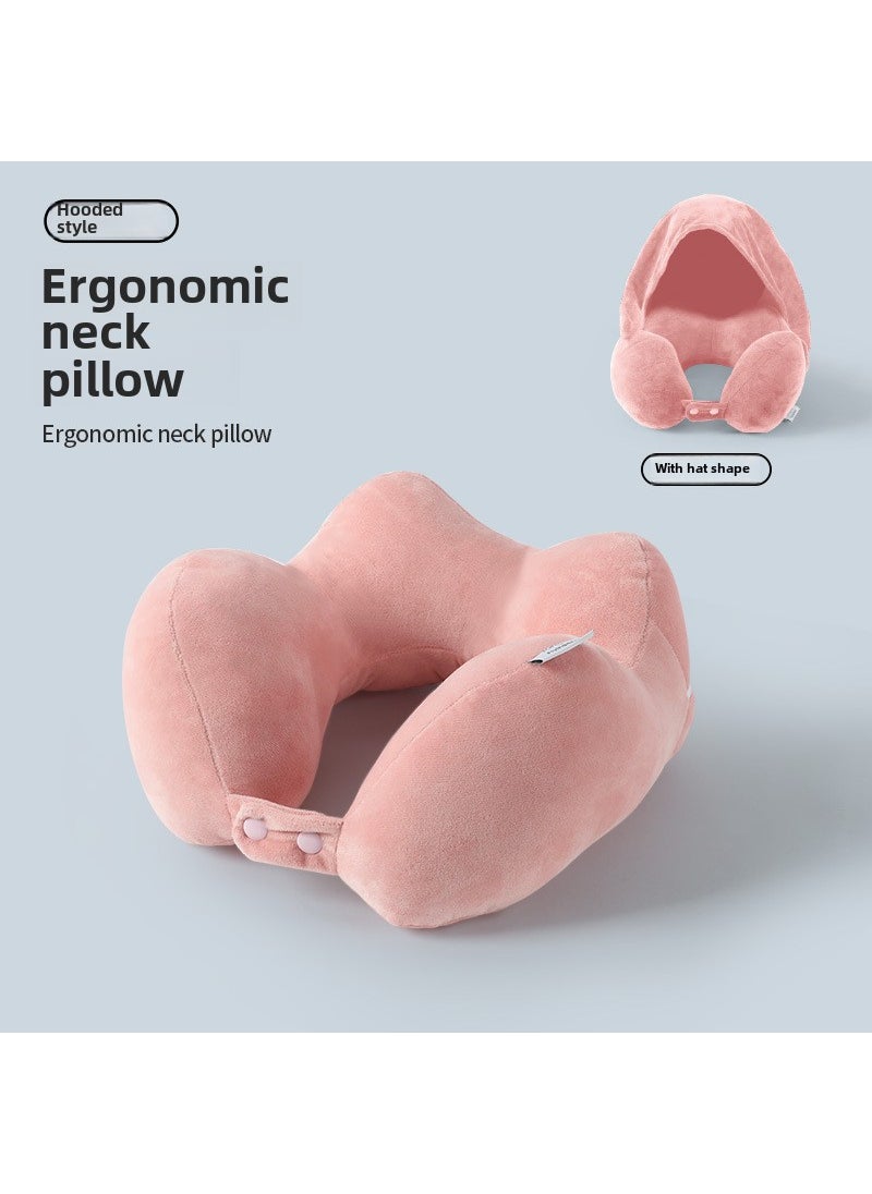 Travel Hooded U-Shaped Pillow Neck Support Pink Hooded Four Humps (Can be stored)