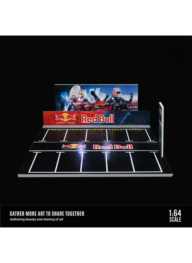 1:64 Scale Alloy Car Model Display with Lights for Collectors 1:64 Red Bull outdoor parking lot lighting scene