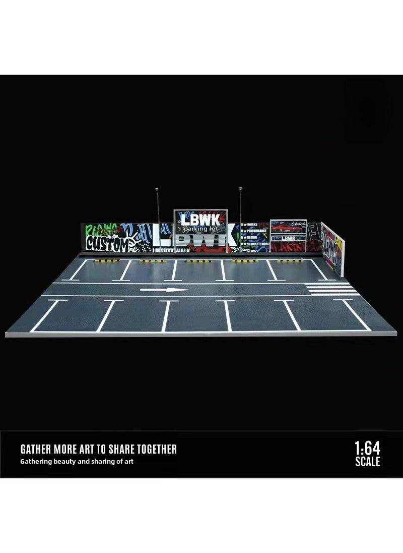 1:64 Scale Alloy Car Model Display with Lights for Collectors 1:64 LBWK outdoor parking lot lighting scene
