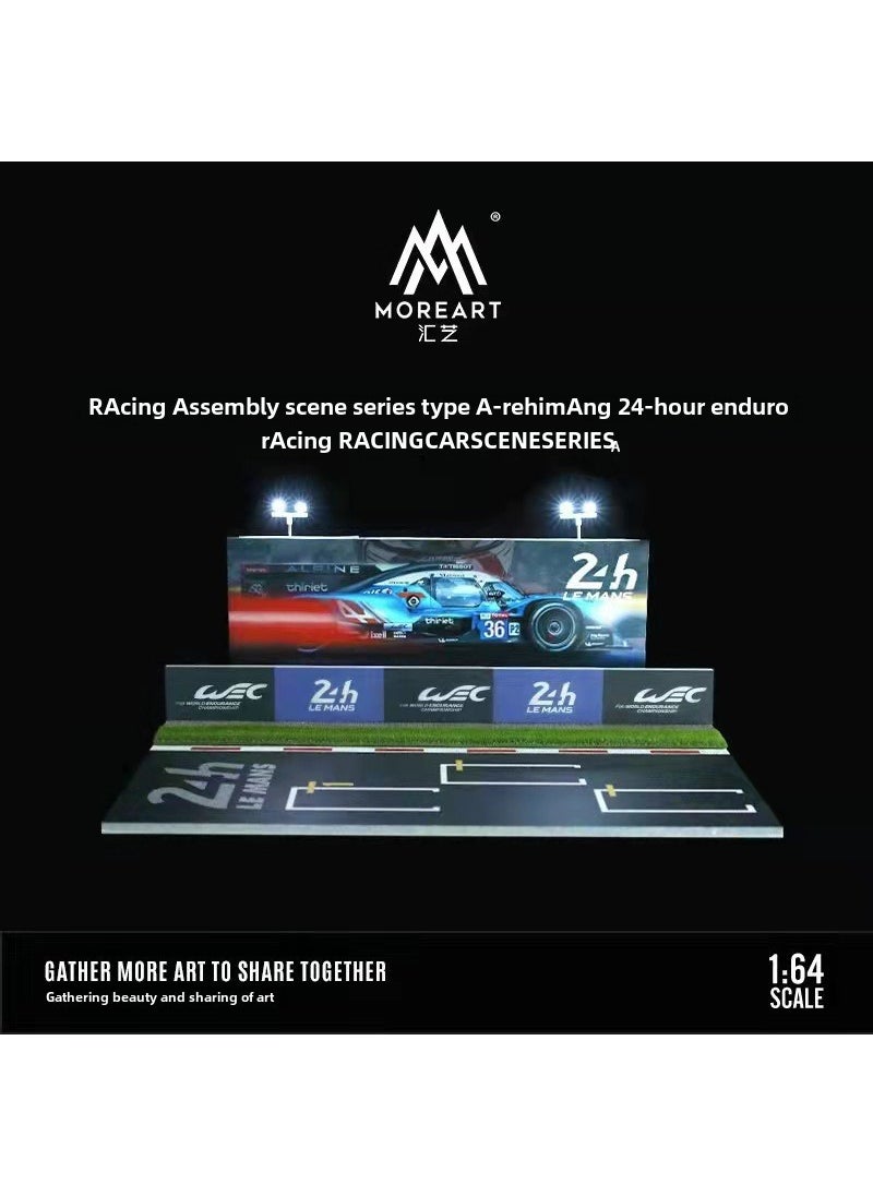 1:64 Scale Alloy Car Model Display with Lights for Collectors 1:64 Le Mans car parking lot lighting scene