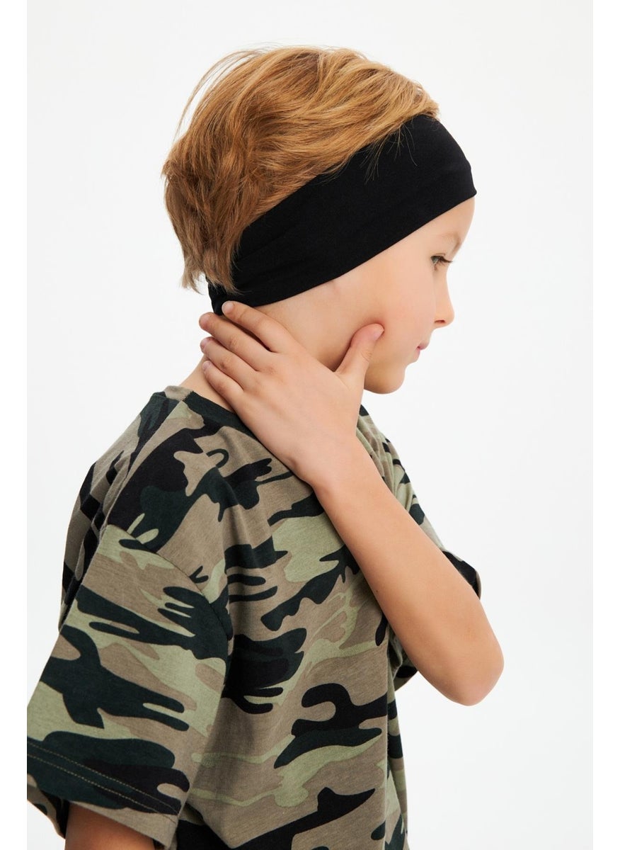 Black-Camouflage Boy's Cotton Combed Oversize Camouflage T-Shirt Bandana Double Set