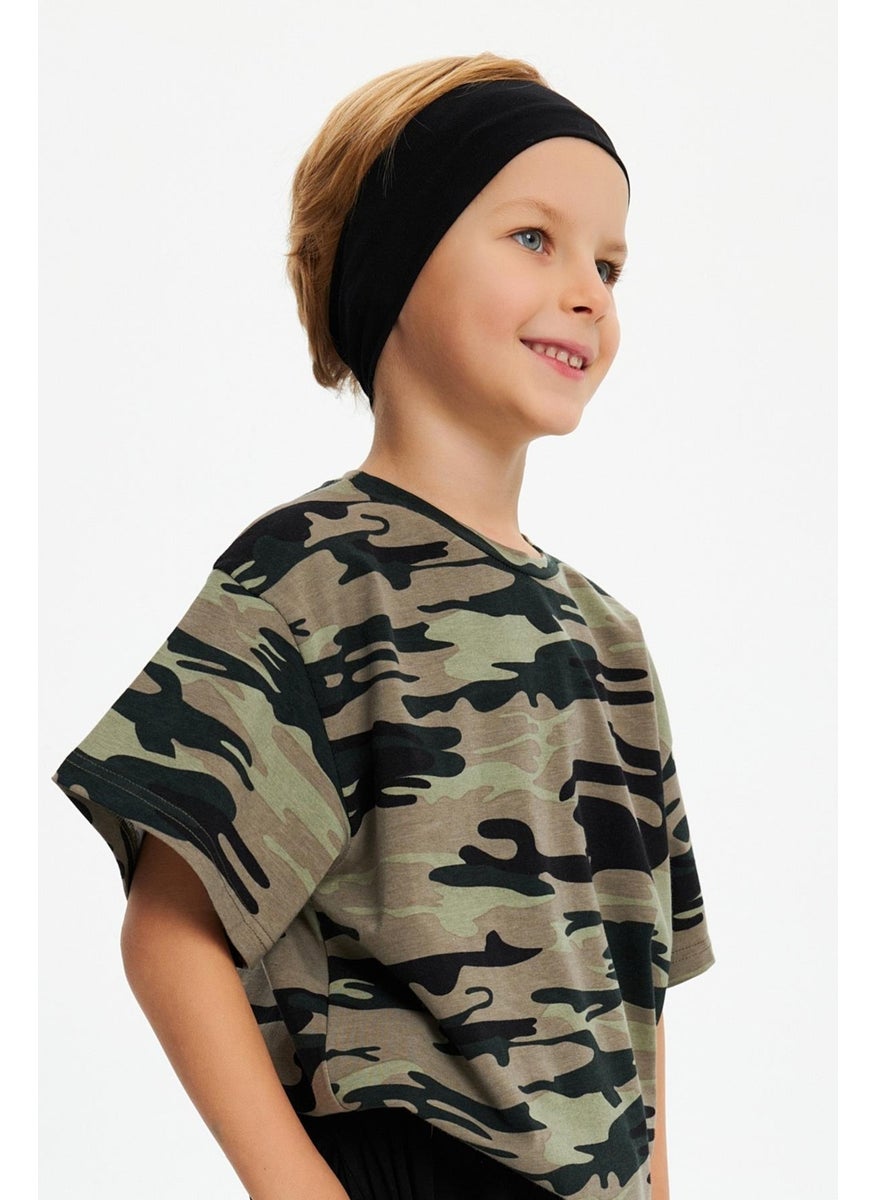 Black-Camouflage Boy's Cotton Combed Oversize Camouflage T-Shirt Bandana Double Set