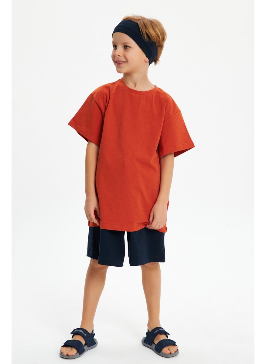 Navy Blue-Brick Boy's Cotton Combed Oversize Gray T-Shirt Navy Blue Bandana 2-Piece Set