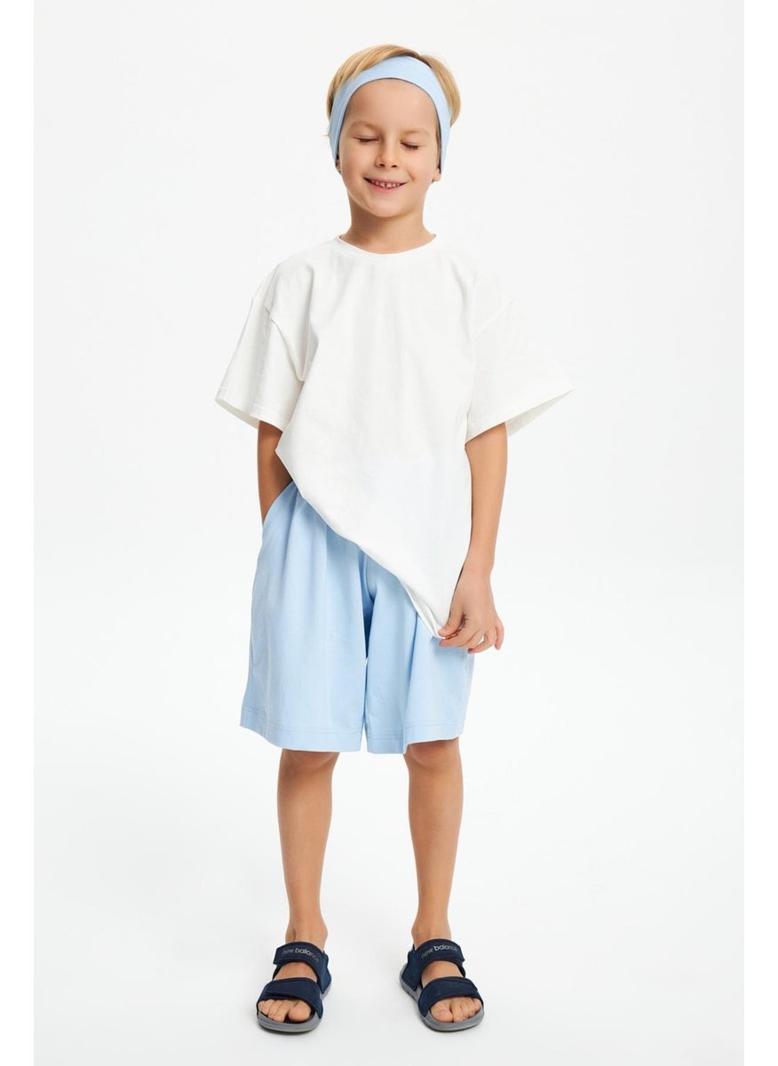 Baby Blue-White Boy's Cotton Combed Oversize White T-Shirt Blue Bandana 2-Piece Set