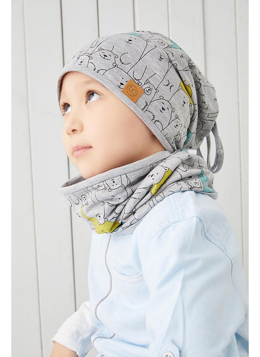 Boy's Gray Figured 4 Season Beret Neck Collar Set Soft Natural 100% Cotton Combed Cotton