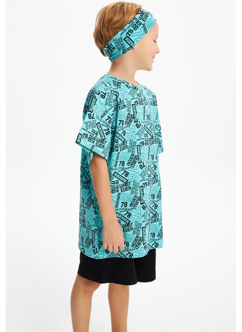 Turquaz Boy's Cotton Combed Oversize Gray T-Shirt Bandana Set of 2