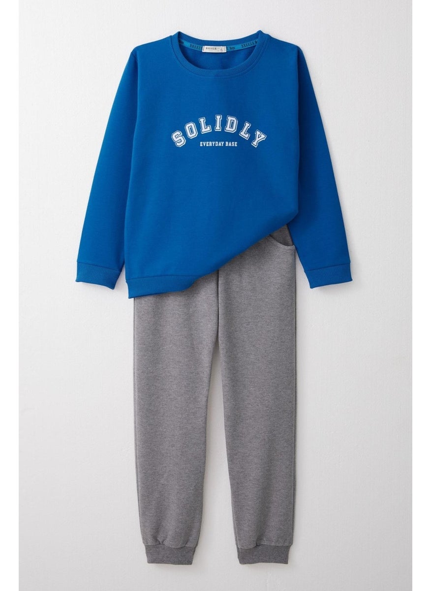 Boy's Tracksuit Printed Text 4-8 Years Old, Saxe Blue