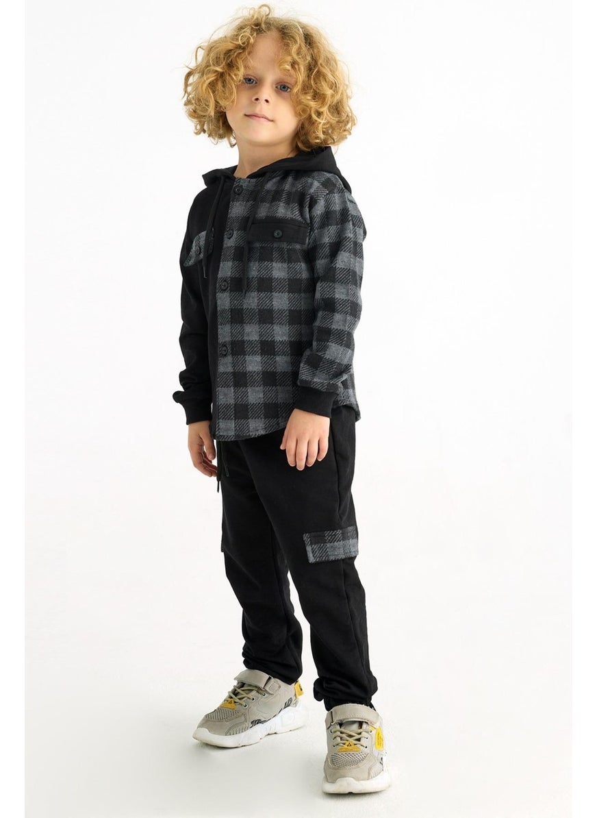 Boy Plaid Pocket Hooded Tracksuit Set