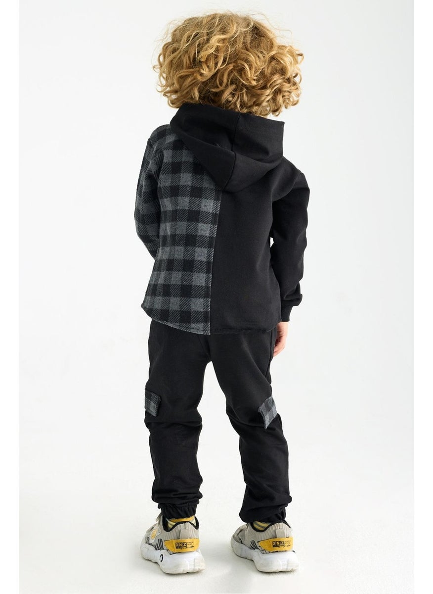 Boy Plaid Pocket Hooded Tracksuit Set