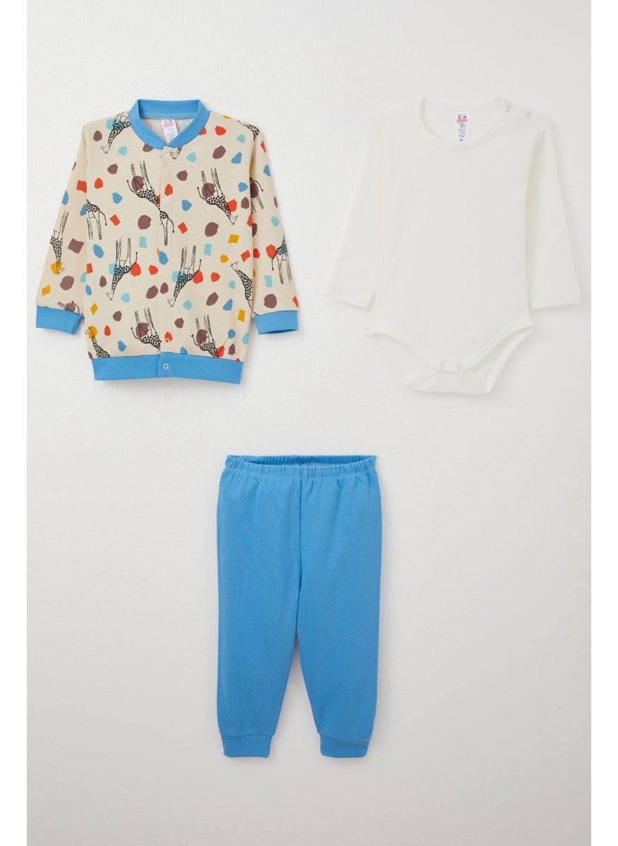 Baby Boy Bodysuit 3-Piece Set Spotted Giraffe Patterned 4 Months-1 Years, Beige