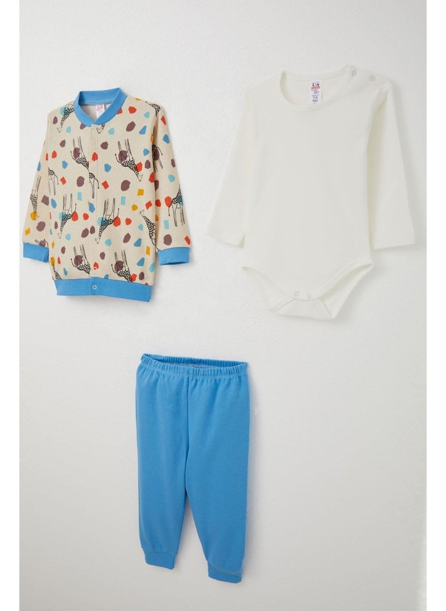 Baby Boy Bodysuit 3-Piece Set Spotted Giraffe Patterned 4 Months-1 Years, Beige
