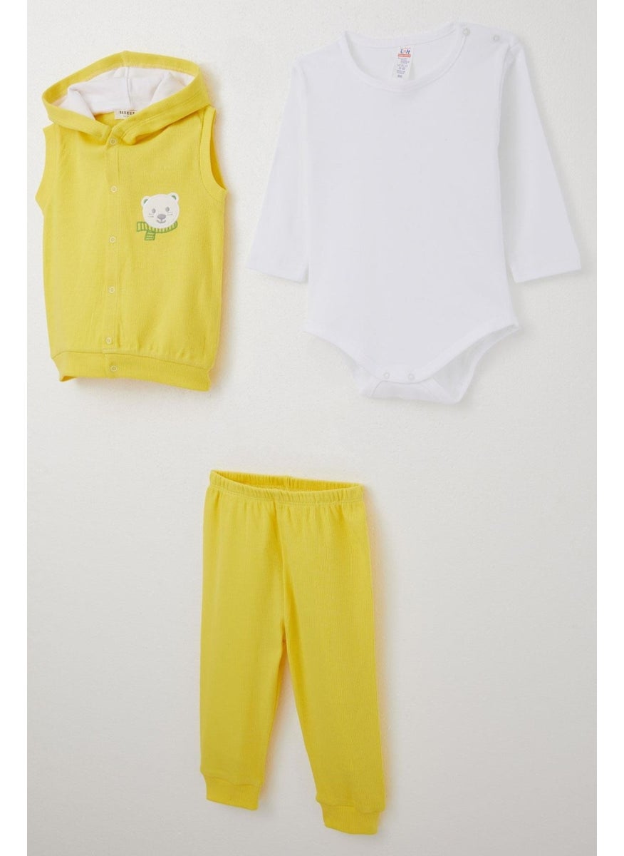 Baby Boy Bodysuit 3-Piece Set Cute Bear Embroidered Hooded 4 Months-1 Years, Yellow