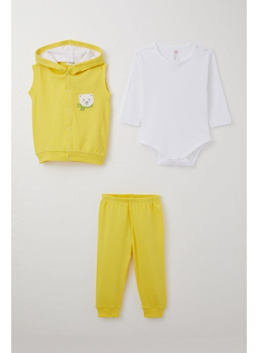 Baby Boy Bodysuit 3-Piece Set Cute Bear Embroidered Hooded 4 Months-1 Years, Yellow