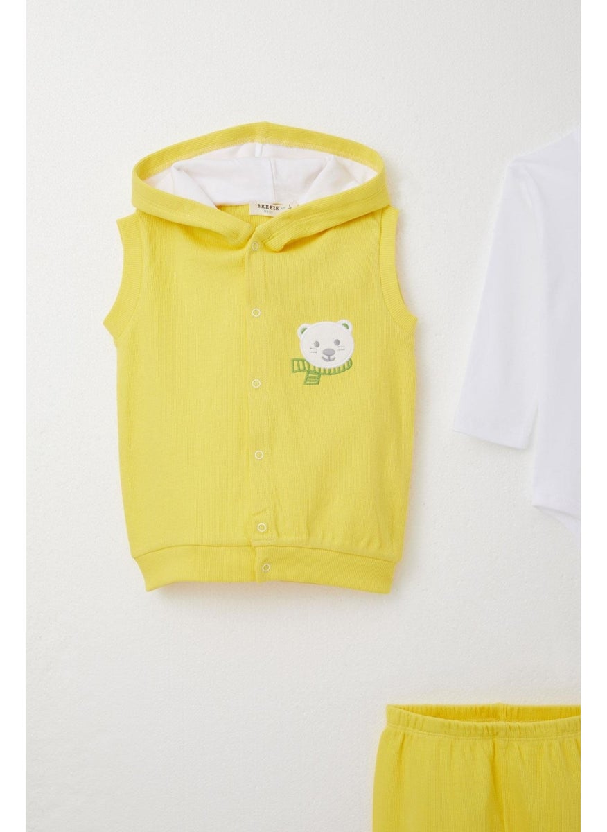 Baby Boy Bodysuit 3-Piece Set Cute Bear Embroidered Hooded 4 Months-1 Years, Yellow