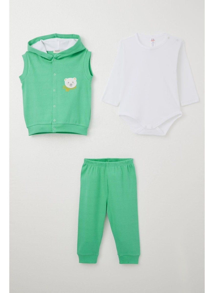 Baby Boy Bodysuit 3-Piece Set Cute Bear Embroidered Hooded 4 Months-1 Years, Green