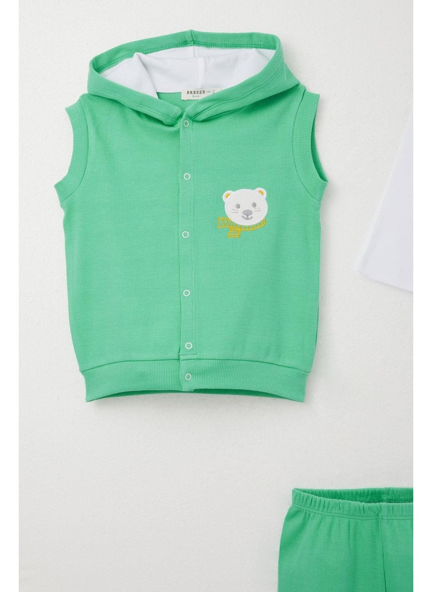 Baby Boy Bodysuit 3-Piece Set Cute Bear Embroidered Hooded 4 Months-1 Years, Green