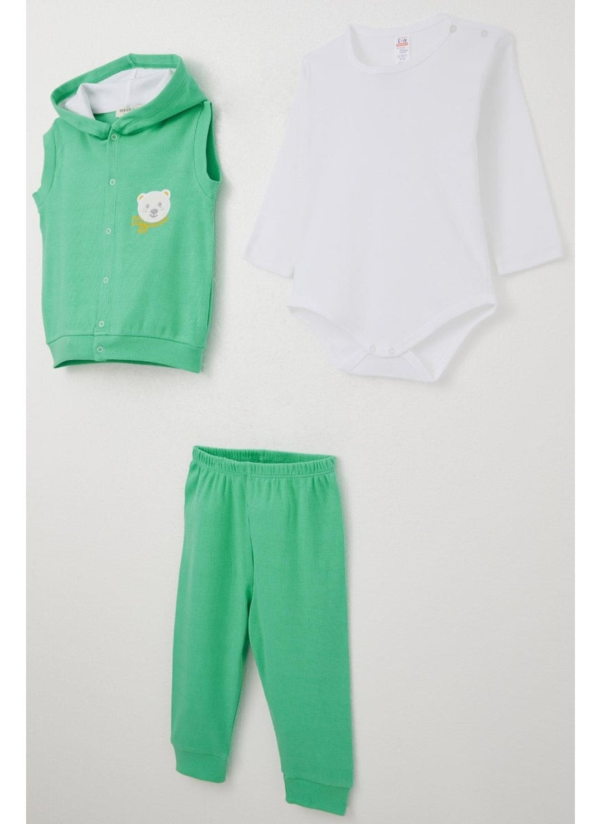 Baby Boy Bodysuit 3-Piece Set Cute Bear Embroidered Hooded 4 Months-1 Years, Green