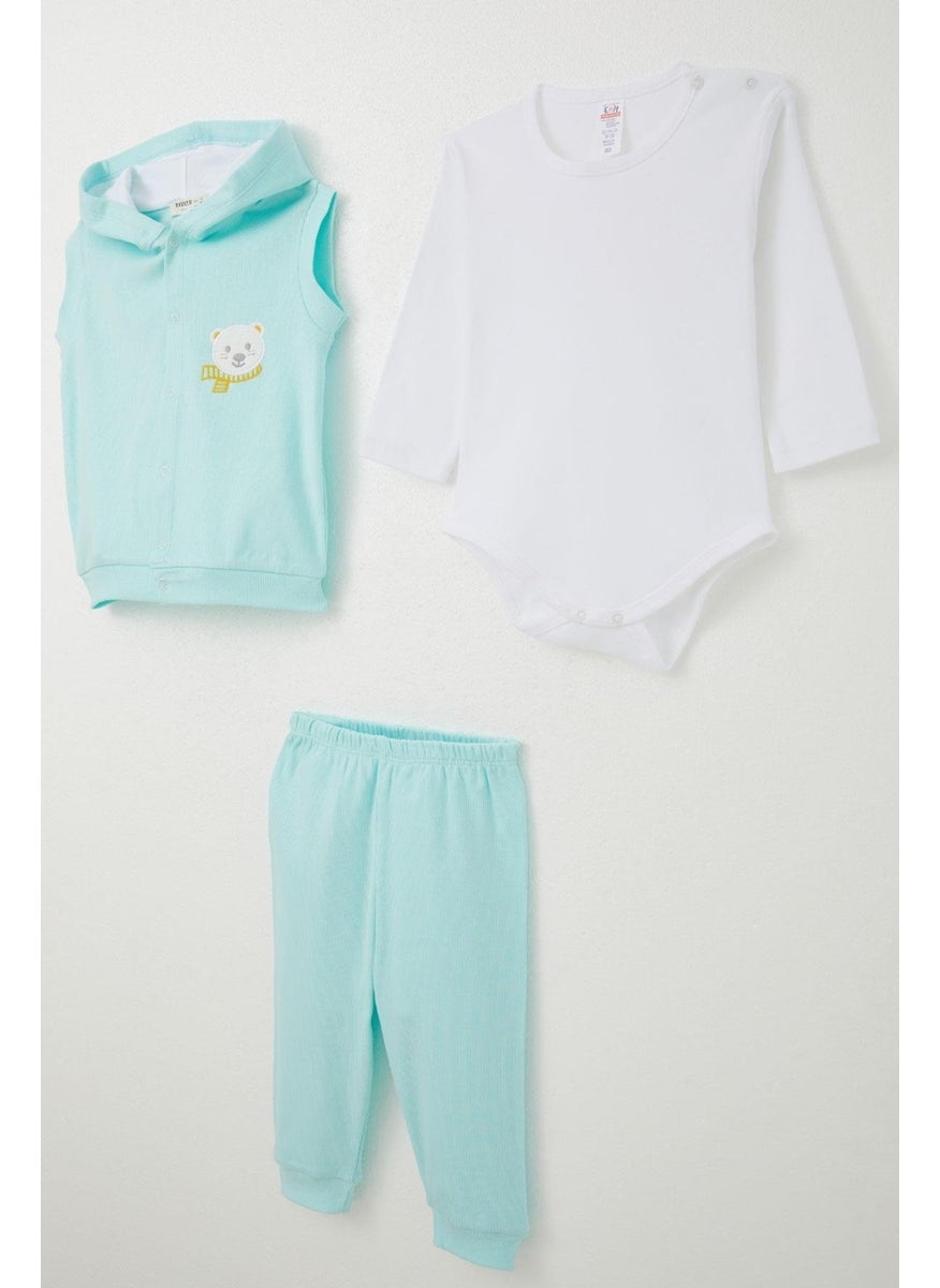 Baby Boy Bodysuit 3-Piece Set Cute Bear Embroidered Hooded 4 Months-1 Years, Light Blue
