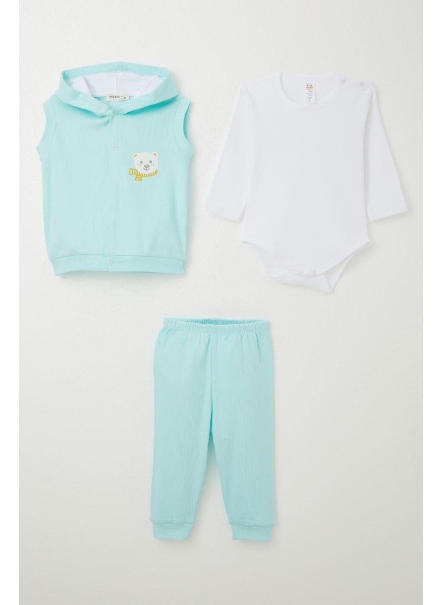 Baby Boy Bodysuit 3-Piece Set Cute Bear Embroidered Hooded 4 Months-1 Years, Light Blue