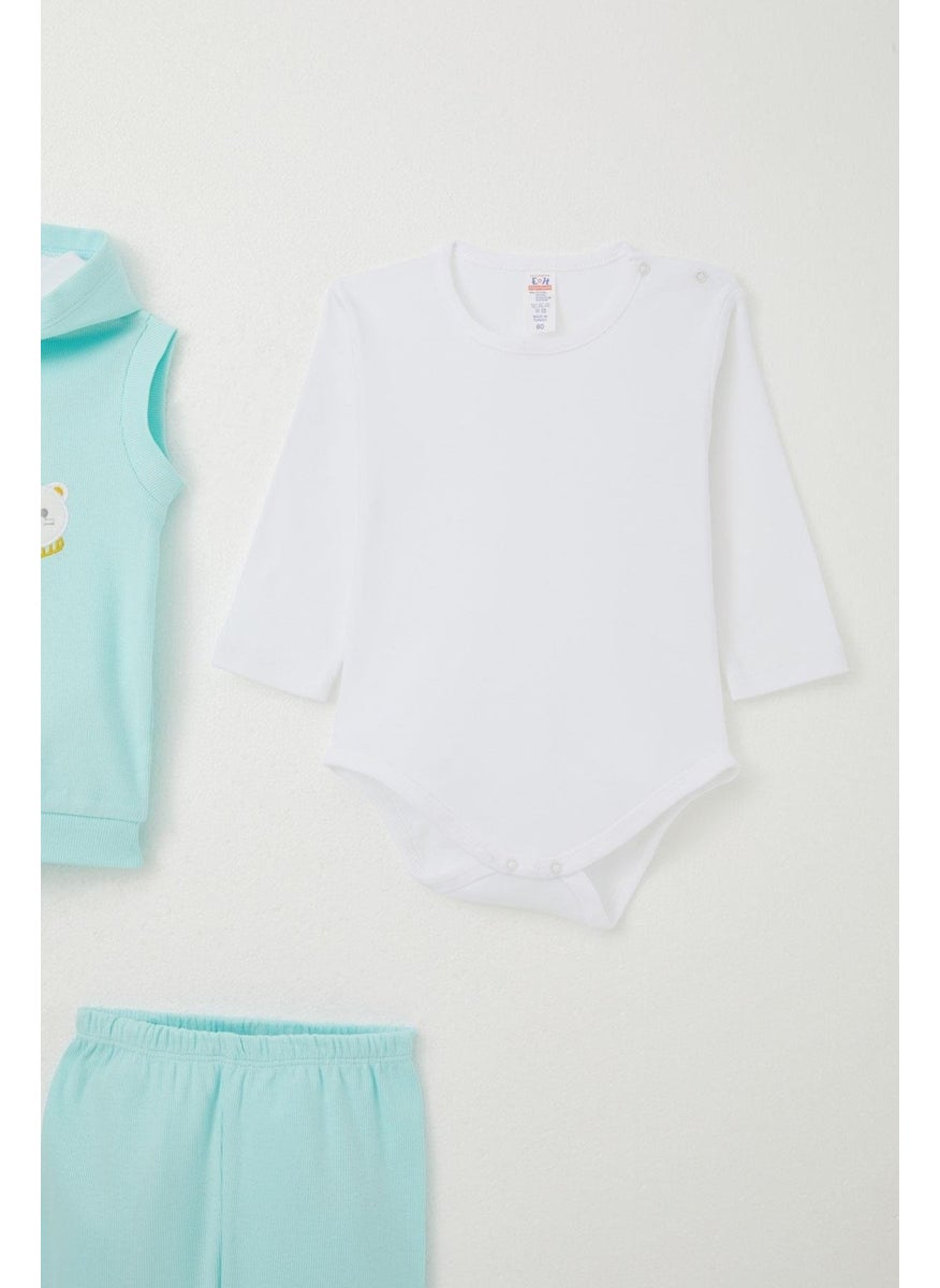 Baby Boy Bodysuit 3-Piece Set Cute Bear Embroidered Hooded 4 Months-1 Years, Light Blue