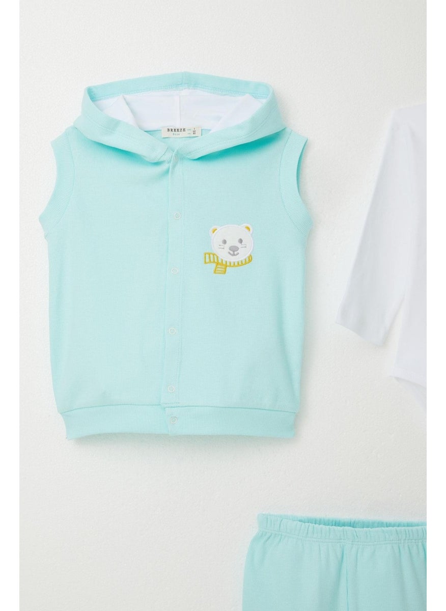 Baby Boy Bodysuit 3-Piece Set Cute Bear Embroidered Hooded 4 Months-1 Years, Light Blue