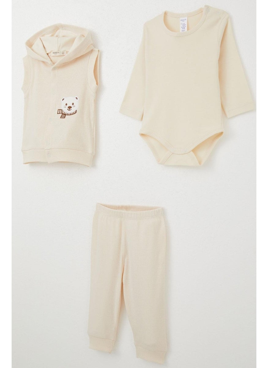Baby Boy Bodysuit 3 Piece Set Cute Bear Embroidered Hooded 4 Months-1 Years, Cream