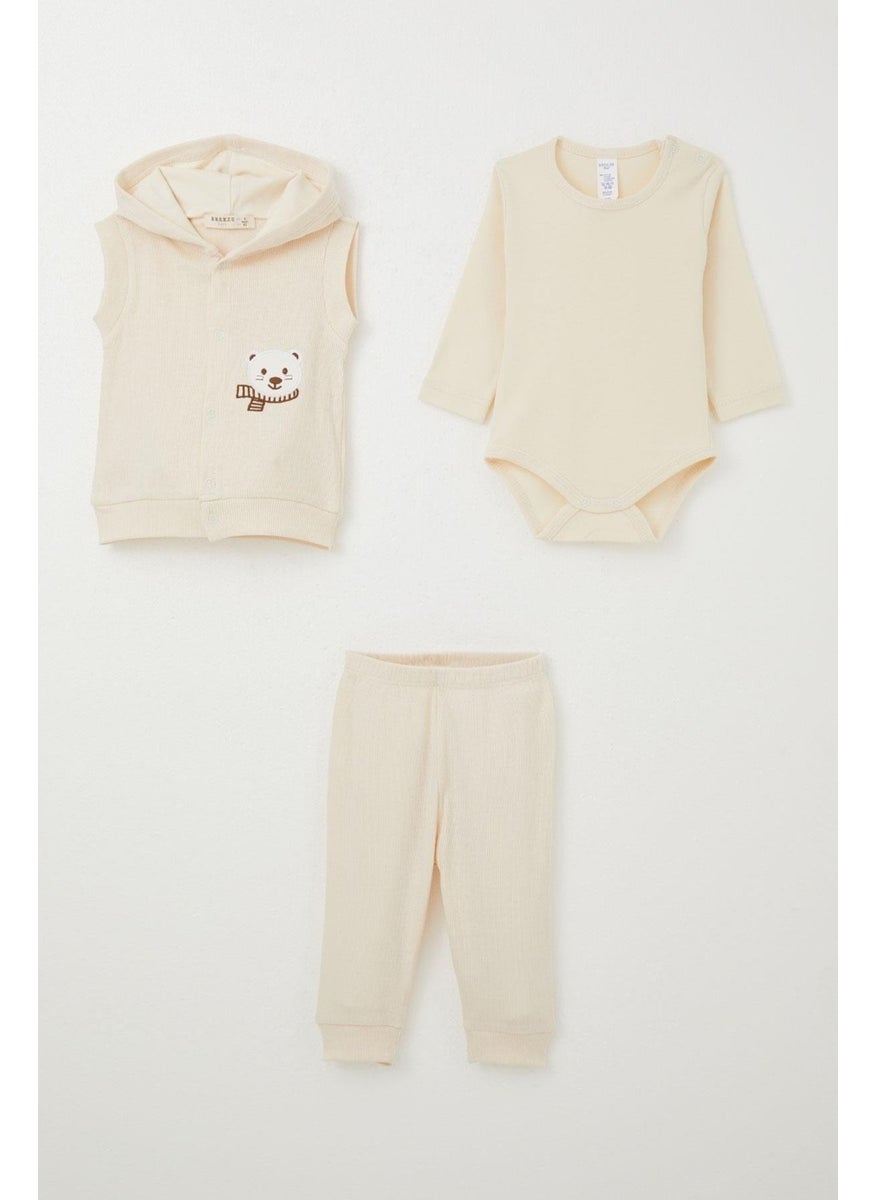 Baby Boy Bodysuit 3 Piece Set Cute Bear Embroidered Hooded 4 Months-1 Years, Cream