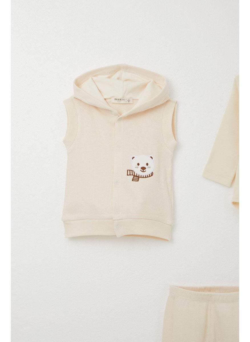 Baby Boy Bodysuit 3 Piece Set Cute Bear Embroidered Hooded 4 Months-1 Years, Cream