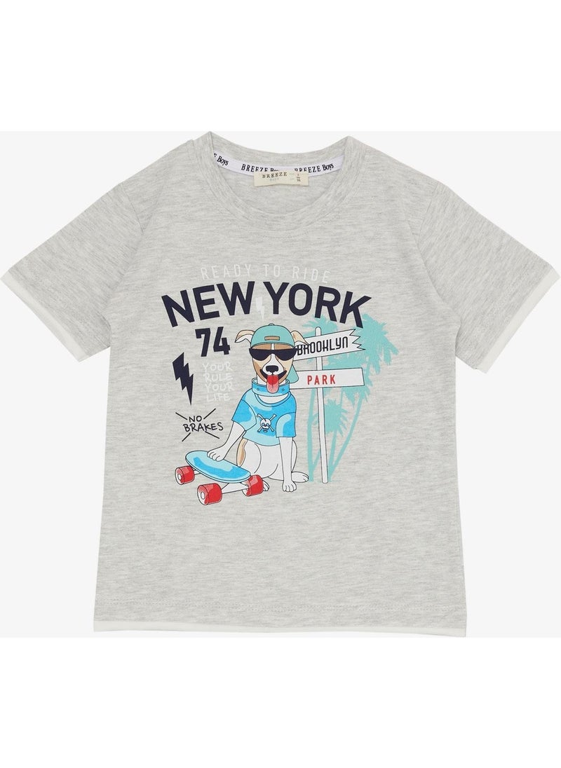 Boy Shorts Set Cute Free Skateboarder Puppy Printed 2-6 Years, Light Gray Melange