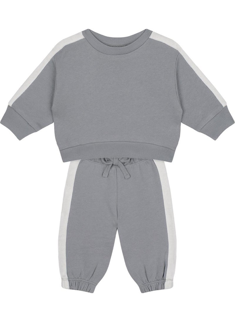 White Contrast Gray Sweatshirt and Trouser Set