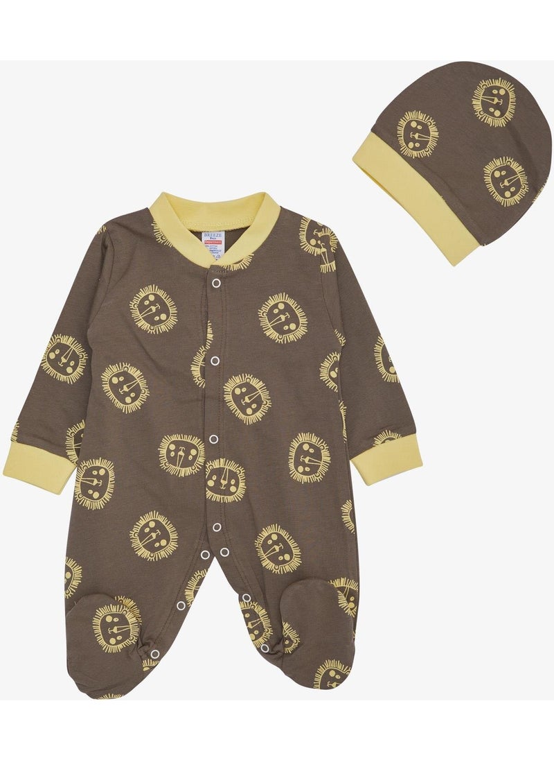Baby Boy Booties Jumpsuit, Cute Lion Pattern, 0-6 Months, Mink