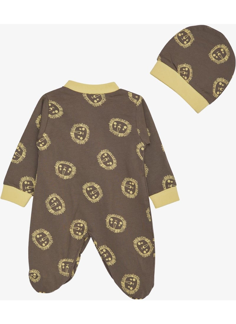 Baby Boy Booties Jumpsuit, Cute Lion Pattern, 0-6 Months, Mink
